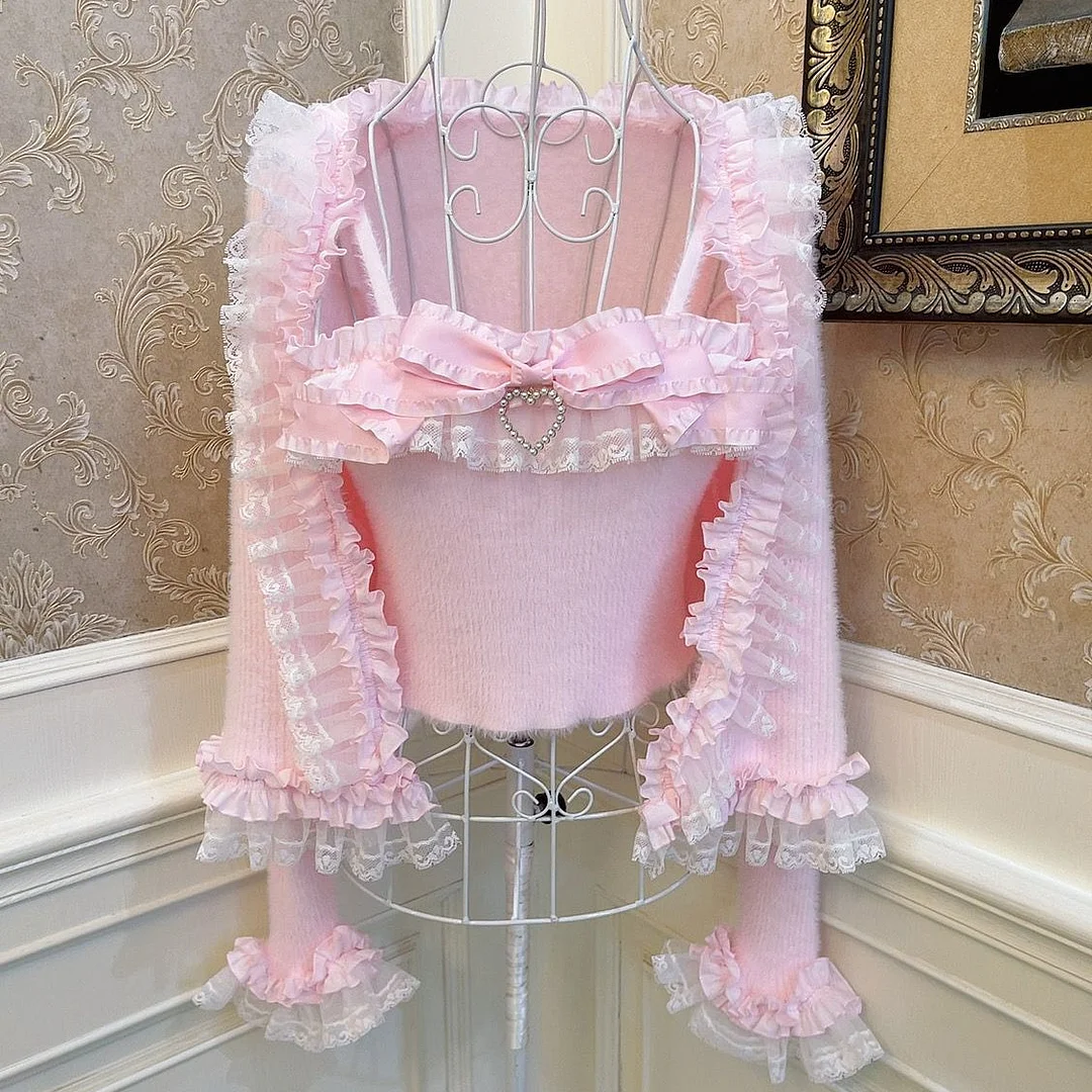Pink Sweater Cardigan With Bow Short Sling Suit
