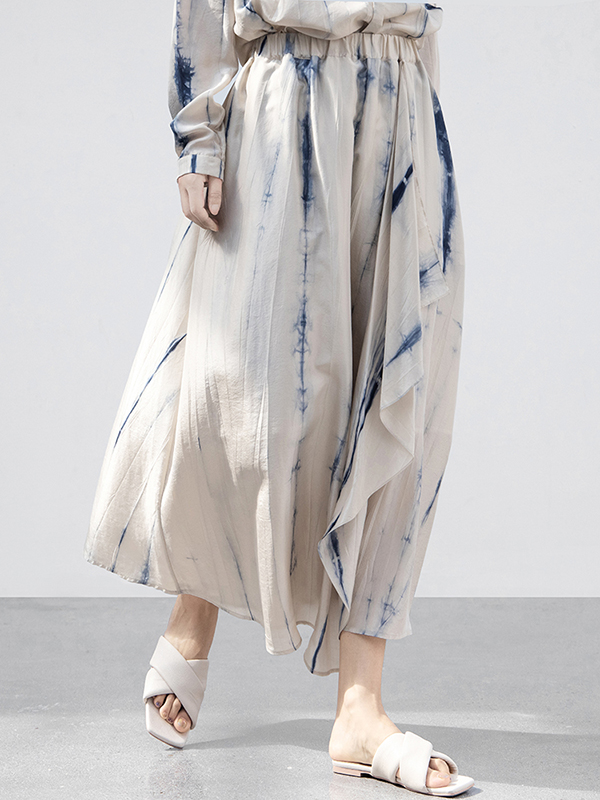 Tie-dyed Irregular Pleated Elastic Waist Side Seam Pockets Half Skirt
