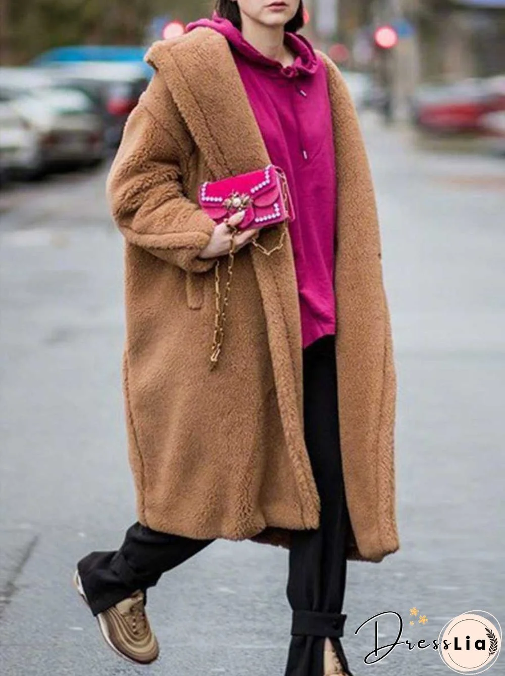 Long Faux Fur Camel Teddy Coat Maxi Jackets