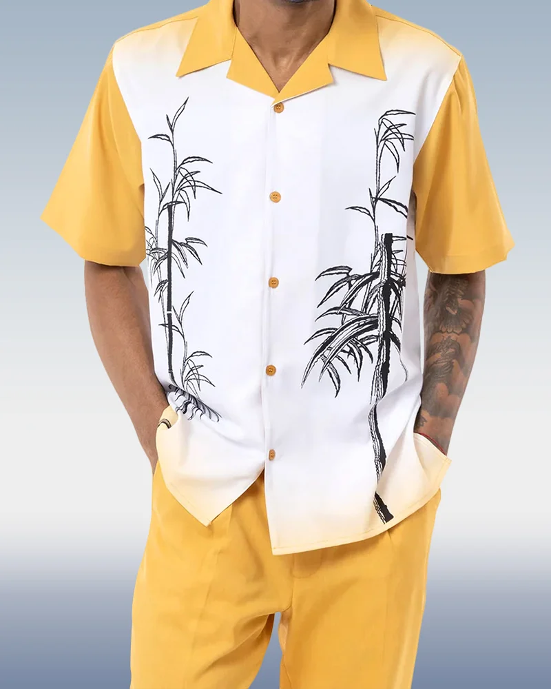 Montique Gold Tropical Print Walking Suit 2 Piece Short Sleeve Set