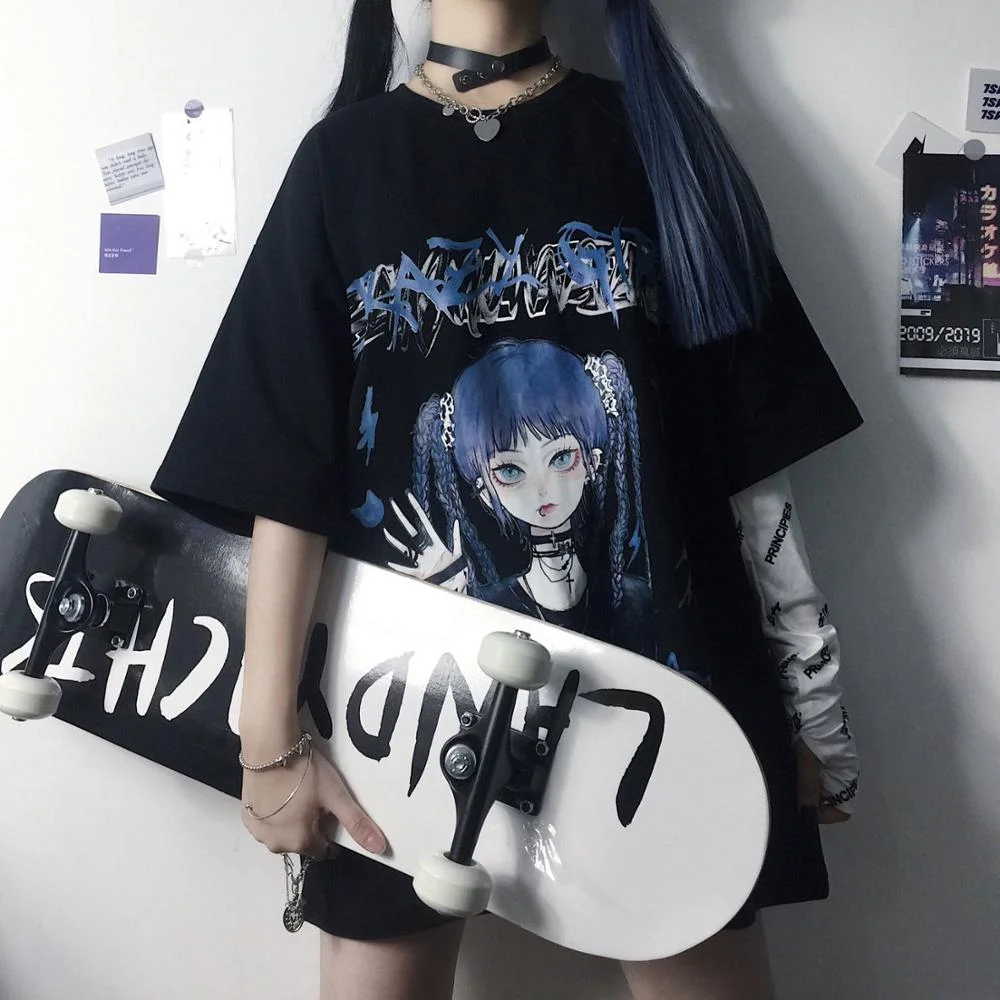 Summer Harajuku Cute Oversized T-Shirt Women Hip Hop Japan Cartoon Tshirt Streetwear Rock Tees Casual Fashion T Shirts Girl