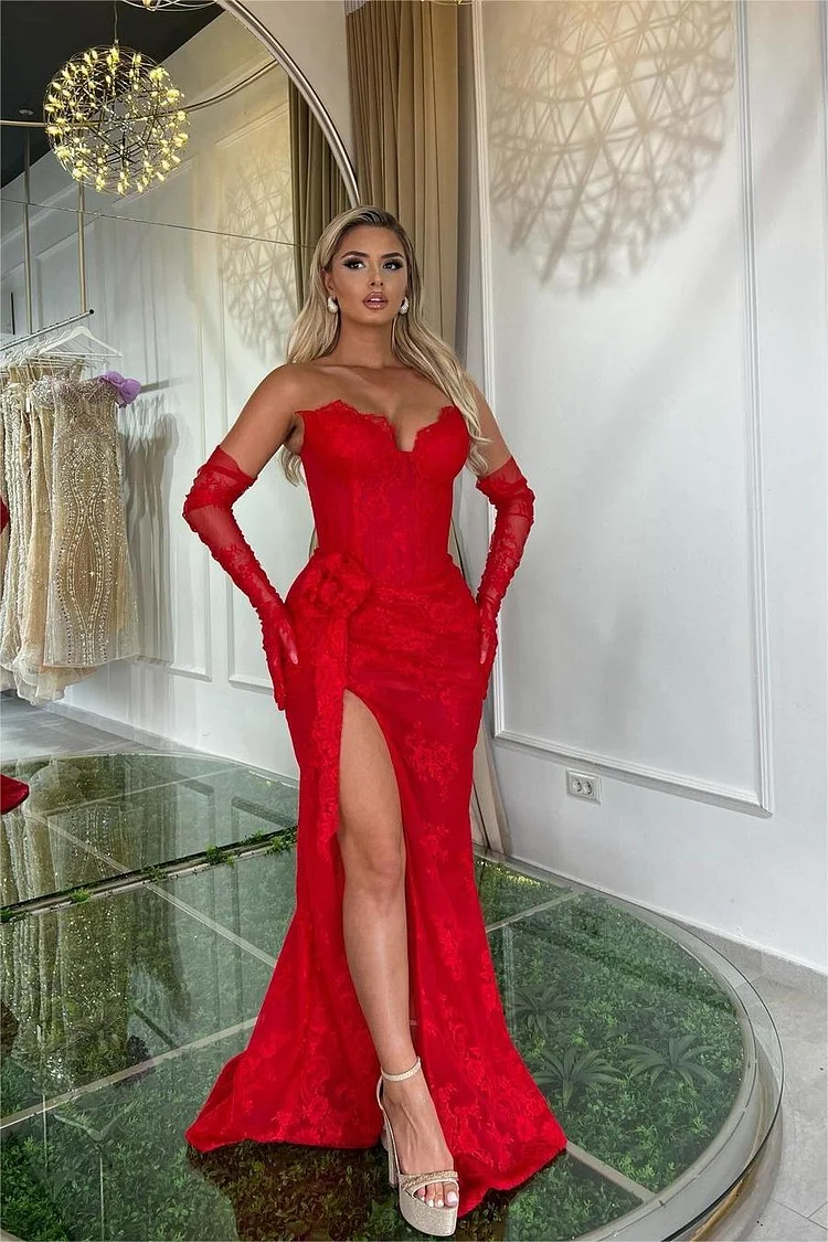 Hellodresses Red Strapless Split Sleeveless Mermaid Long Prom Dress With Long Gloves