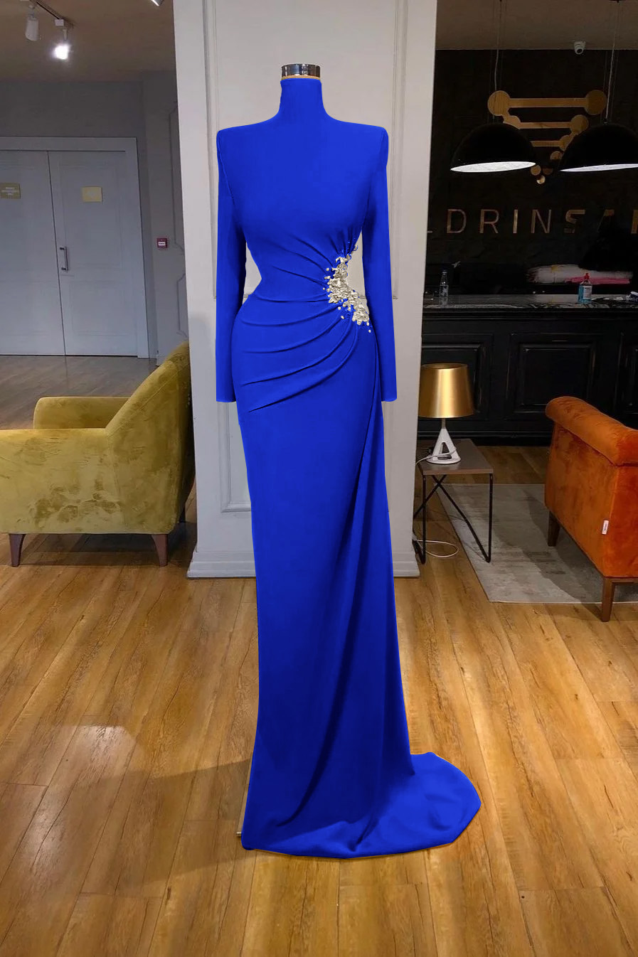 High-Neck Long-Sleeve Mermaid Evening Dress