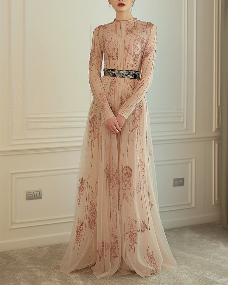 Women's Round Neck Mesh Embroidery Dress