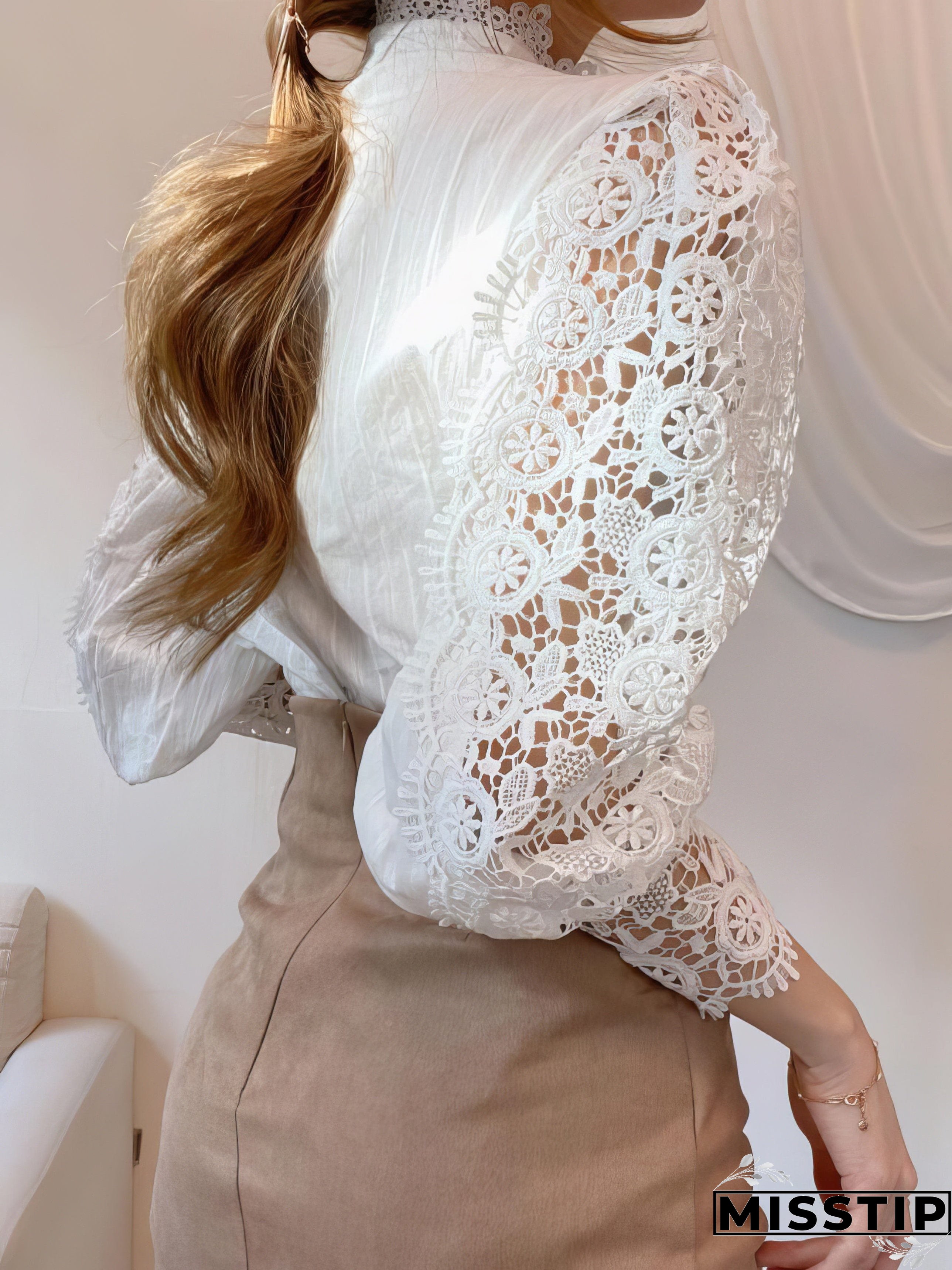 White Lace Blouse with Stand Collar and Pearl Buttons