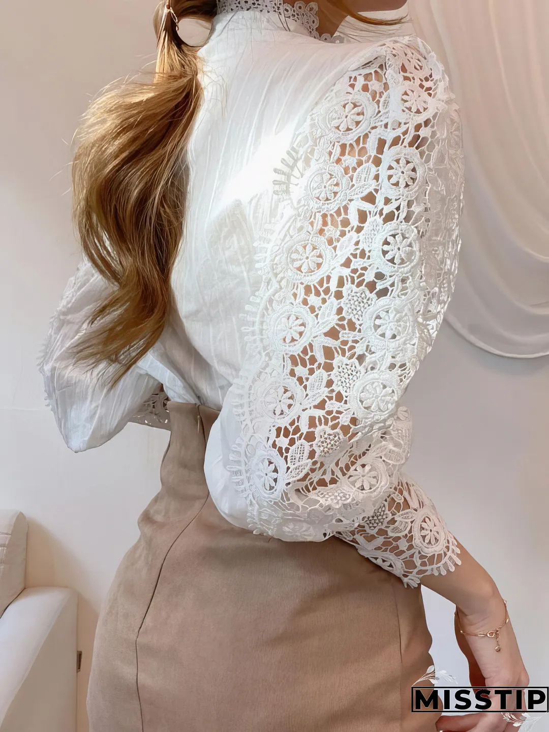 White Lace Blouse with Stand Collar and Pearl Buttons