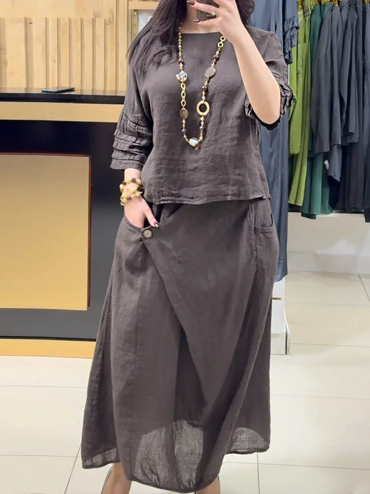 Ladies Solid Color Round Neck Casual Skirt Linen Two-piece Suit