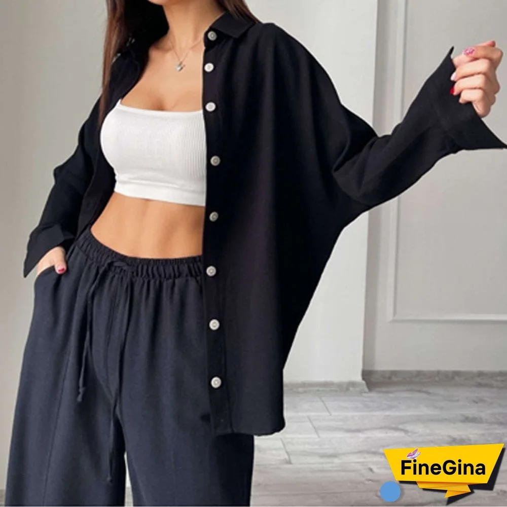 Fashion Street Solid Color Women Tracksuits Outfits Casual Suits Autumn Lapel Long Sleeve Shirt Tops + Harem Pants Two Piece Set