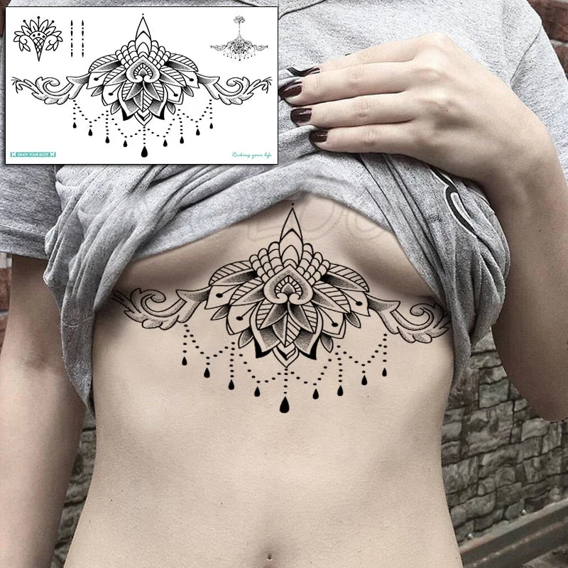 Temporary Chest Hanna Tattoo Sticker Datura Flower Dot Diamond Fake Tatoo Flash Tatto Waterproof for Women Men Big Body Art