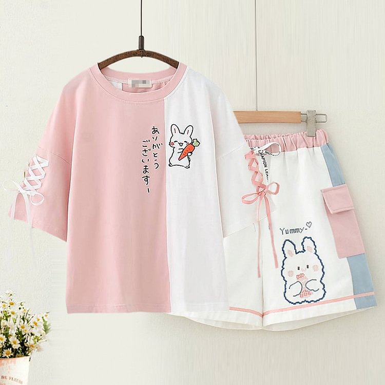 Lace Up Colorblock Cartoon Rabbit Print T-Shirt Shorts Set  - Modakawa modakawa