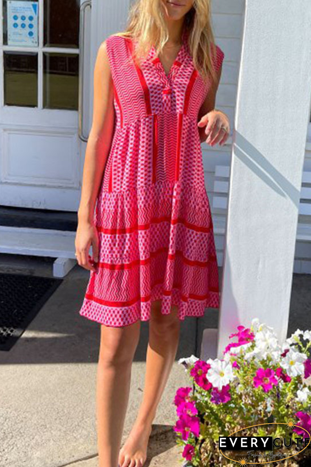 Casual Print Split Joint V Neck Straight Dresses(4 colors)