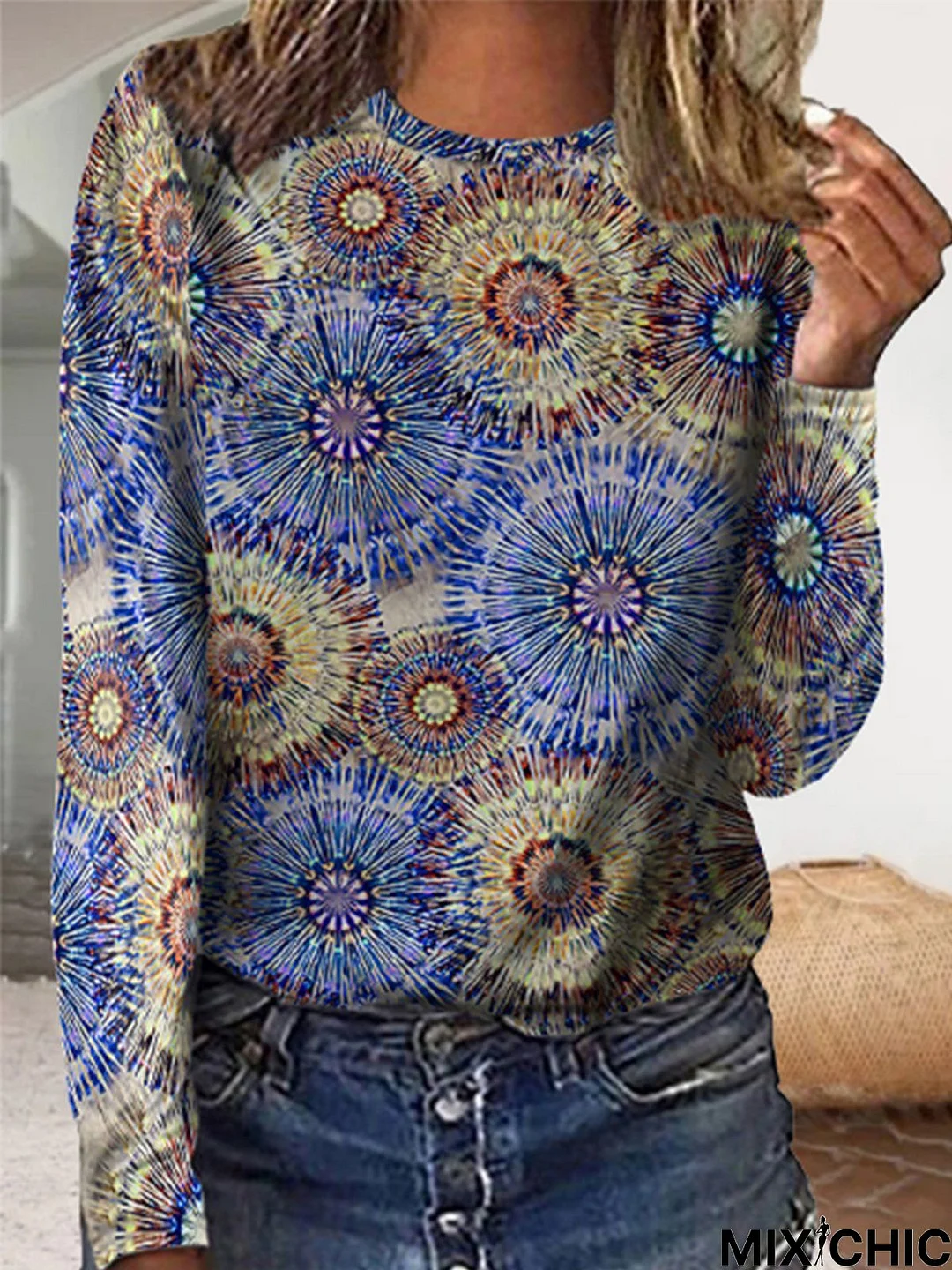 Abstract Geometric Long Sleeve Crew Neck Casual T-Shirt