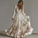 Women's Vintage Roses Art Print V-neck Long Sleeve Maxi Dress - Image 2