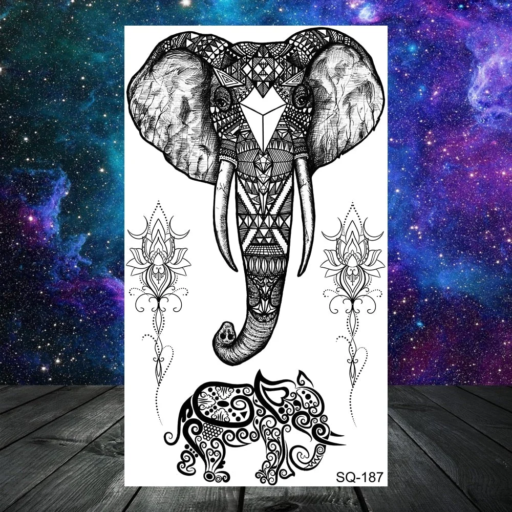Lion Tiger Elephant Wolf Temporary Tattoos For Women Adult Men Skull Mandala Anchor Crown Fake Tattoo Neck Arm Hands Small Tatoo