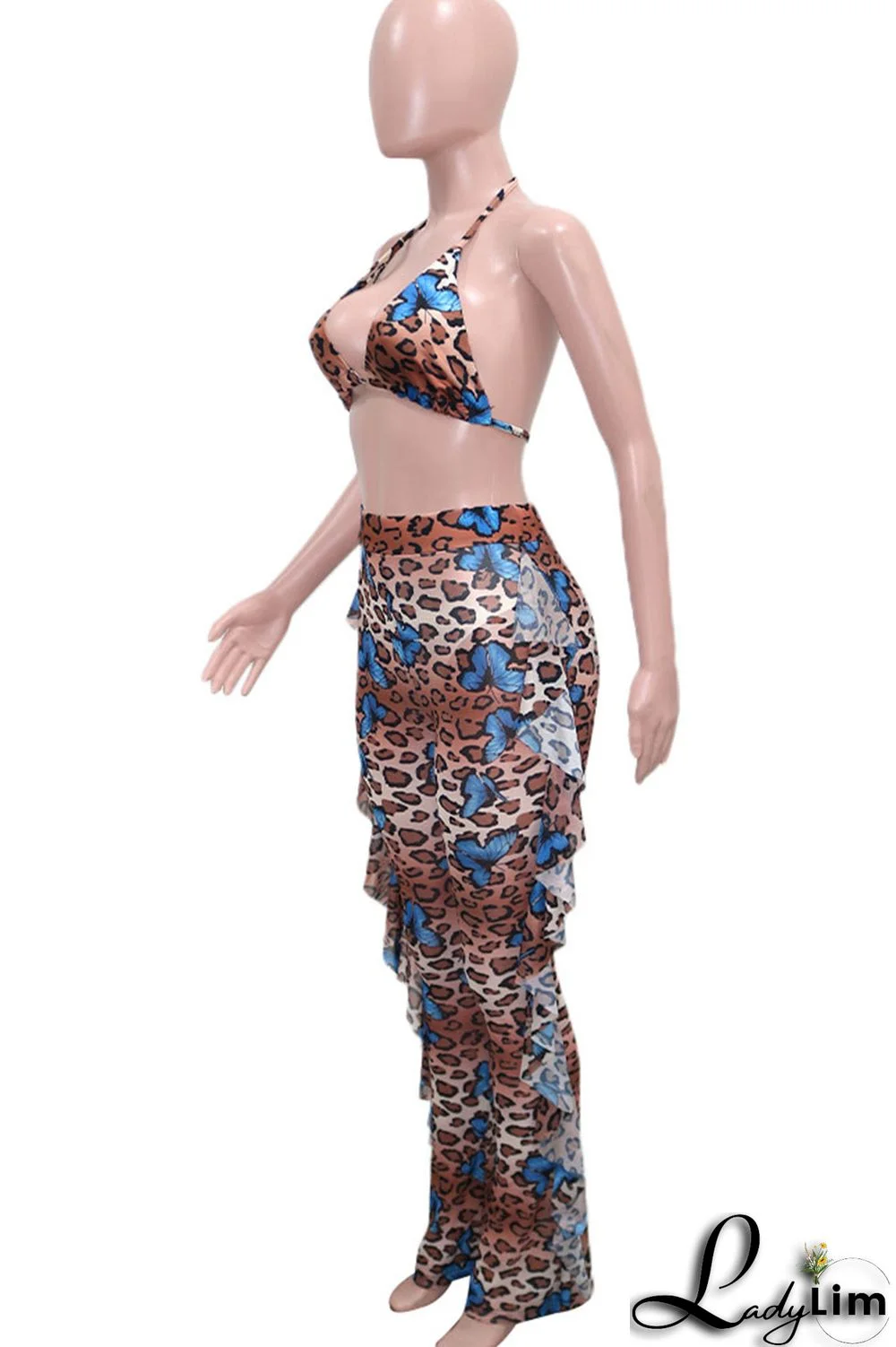 Pink Sexy Print Split Joint Flounce Halter Sleeveless Two Pieces