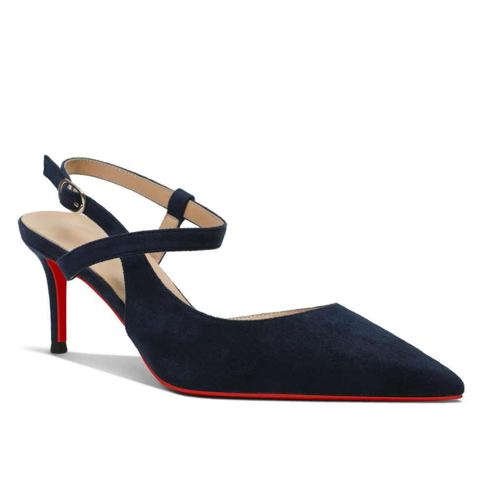 65mm Women Slingback Pumps Ankle Strap Red Bottom Stiletto Mid Heel Close Pointed Toe Daily Summer Suede Sandals-MERUMOTE