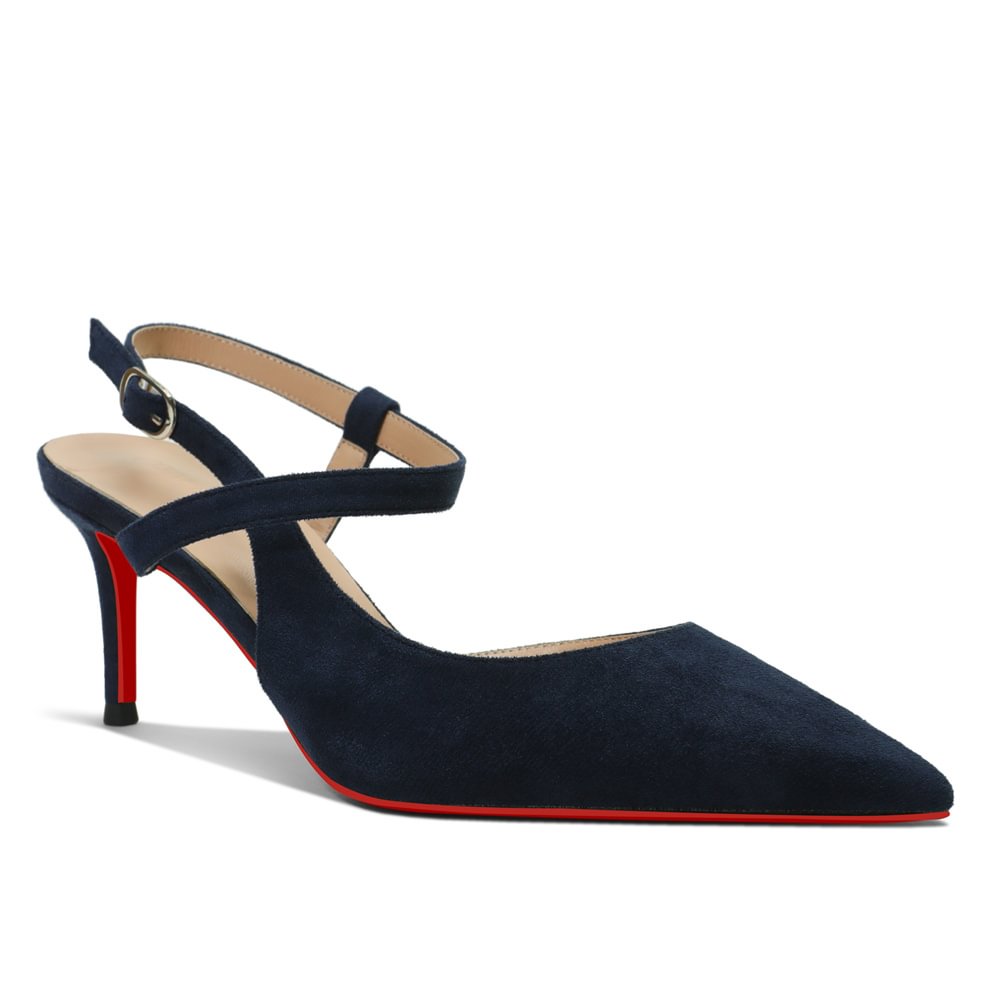 65mm Women Slingback Pumps Ankle Strap Red Bottom Stiletto Mid Heel Close Pointed Toe Daily Summer Suede Sandals-MERUMOTE