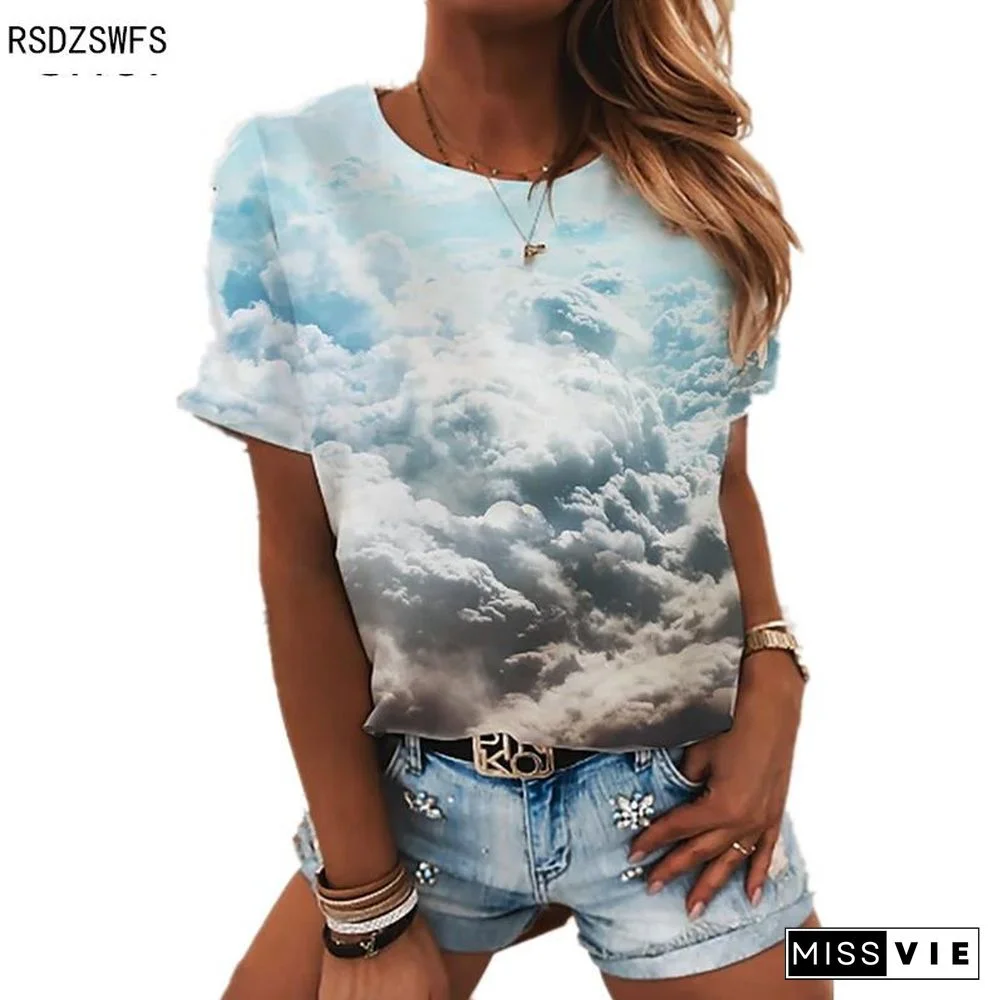 Summer Ladies 3D Ocean Landscape Printed T-shirt Street Fashion Casual Short Sleeve XXS-6XL Elegant Women's Round Neck Top