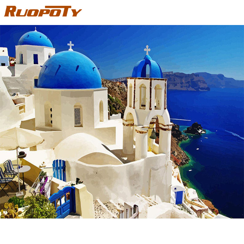 RUOPOTY Frame Diy Painting By Numbers Santorini Landscape Kits Paint By Numbers For Adults HandPainted Paints Home Wall Decor、bestdiys、sdecorshop