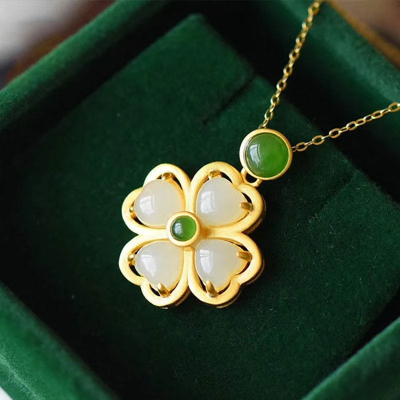 925 Sterling Silver Lucky Four Leaf Clover Jade Prosperity Necklace Chain Pendant