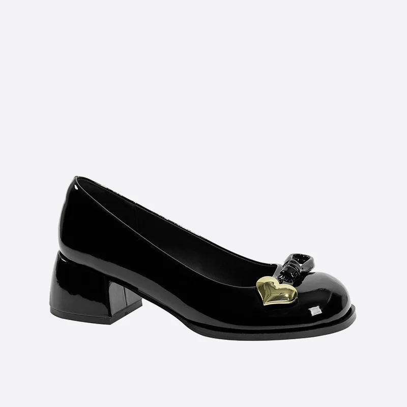 Round Toe Chunky Heeled Patent French Style Mary Jane Pumps