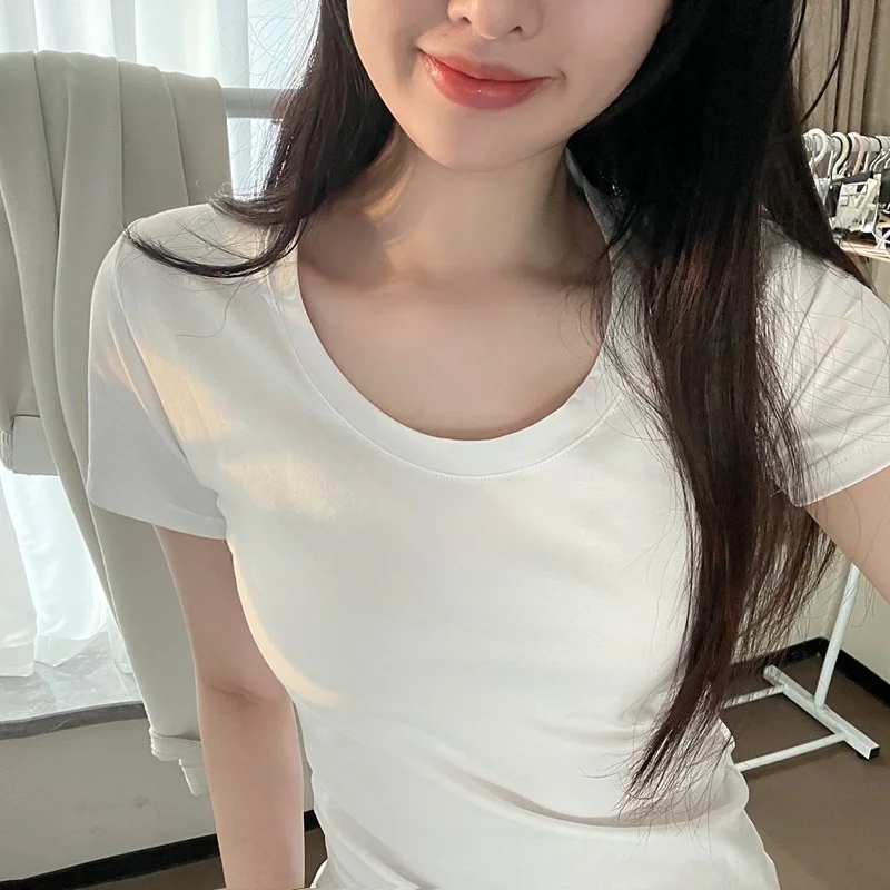 Brownm Brownm U Collar Short T-Shirt Female 2024 Summer New Slim Hot Girl With Waist Half Sleeve Shirt Bottom Small Top