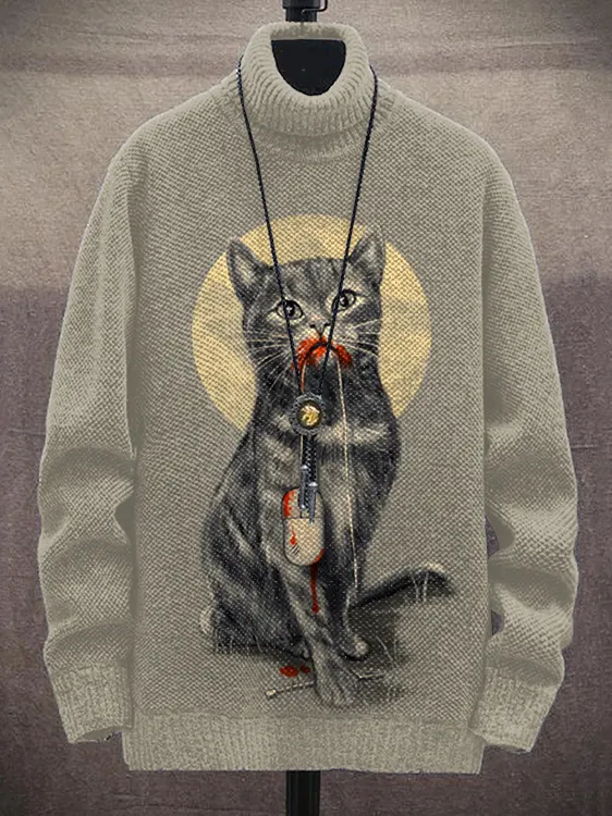 Men's Cat and Mouse Illustration Print High Neck Knit Sweatshirt