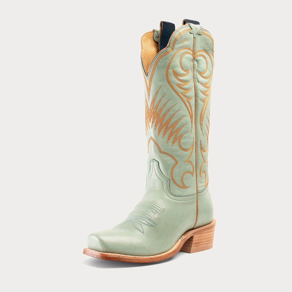 Snip Toe Embroidered Low Block Heel Light Green Mid-Calf Cowgirl Boots Nicepairs
