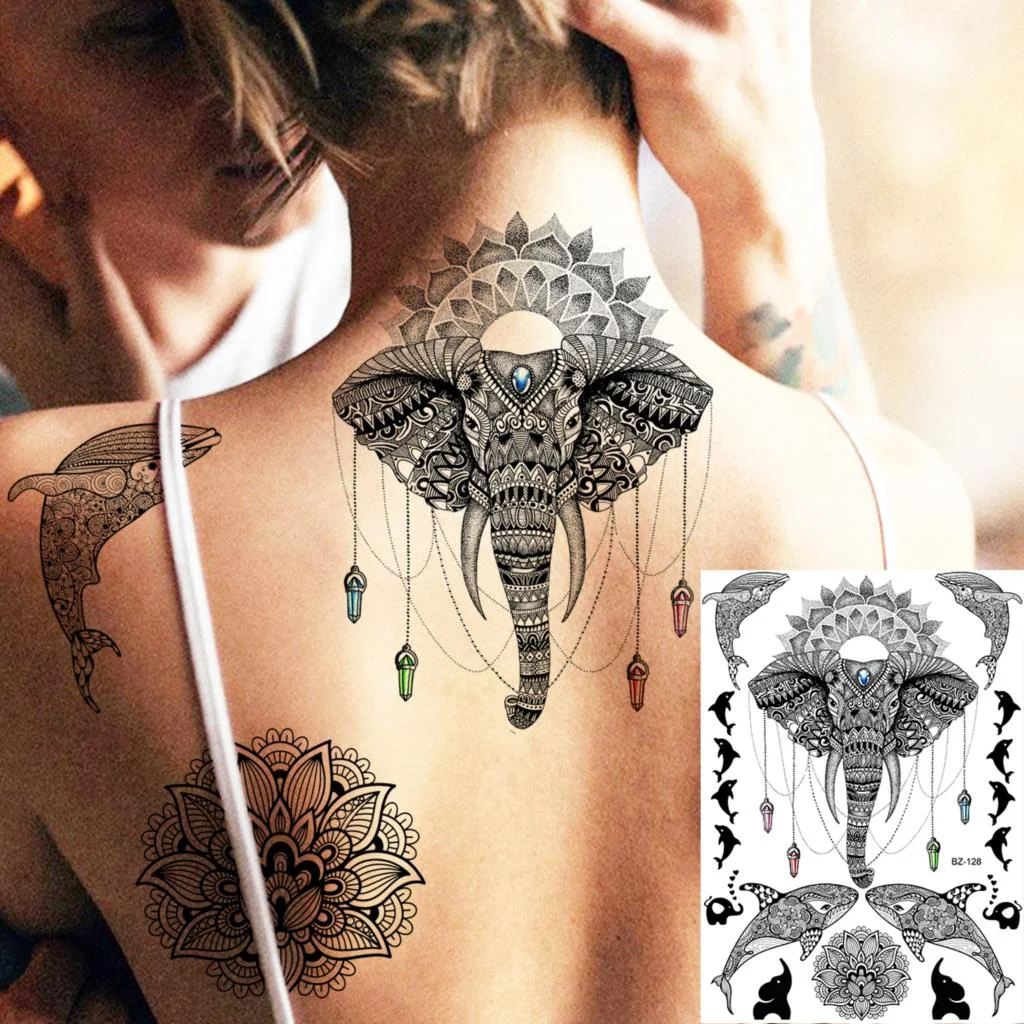 Henna Pendant Temporary Tattoos For Women Undertboob Girls Realistic Butterfly Rose Flower Fake Tattoo Sticker Chest Tatoos