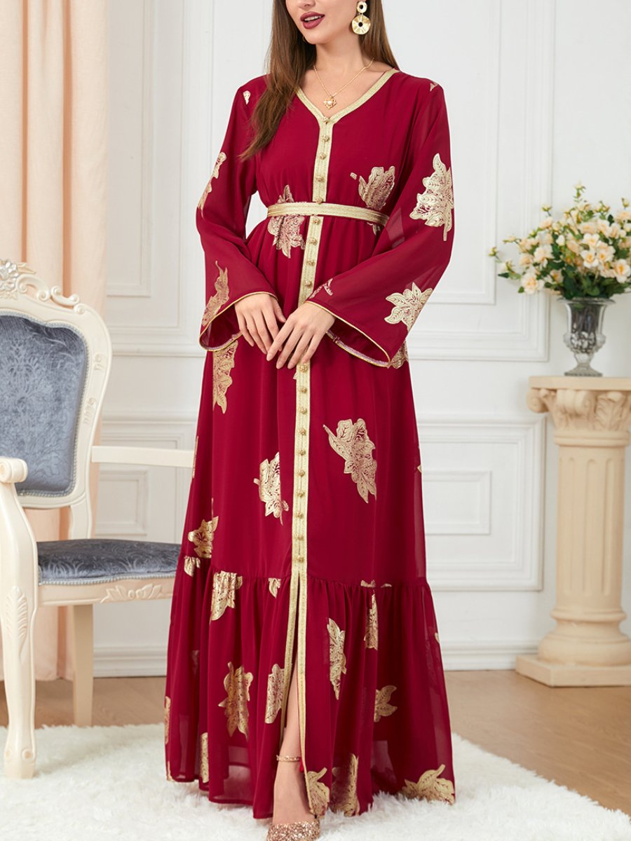 Chiffon Golden Printed Bind Design V Neck Single-breasted Gown | Oxredo Shop Ramadan Sale