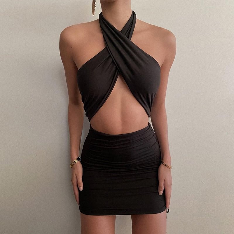 Cryptographic Fashion Criss Halter Cut-Out Bandage Sexy Mini Dress Bodycon Sleeveless Summer Bodycon Dresses Ruched Club Party
