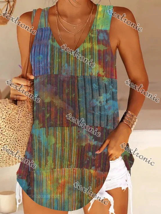 Women's Colorful Scoop Neck Sleeveless Striped Printed Tops