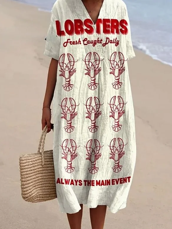Women's Vintage Fish Lobster Art Print Flowy Dress