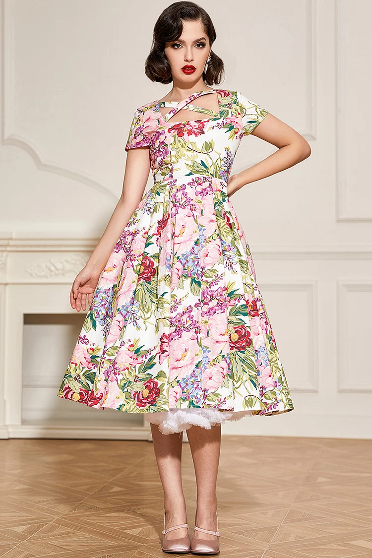 1950s White Casual Rose Print Cross Neck A-line Swing Midi Dress [Pre-Order]