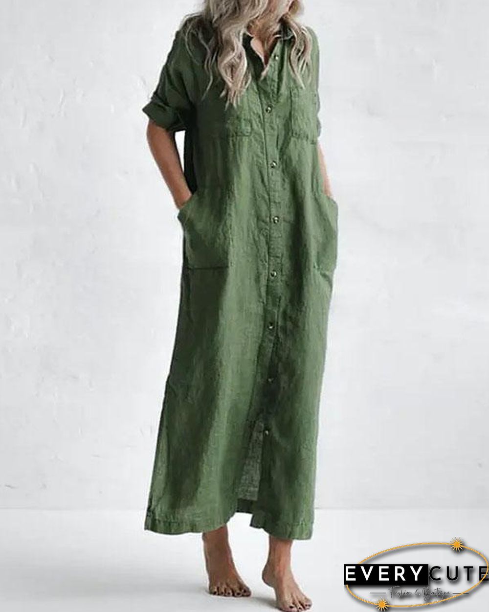 Casual Green Solid Linen Button up Shirt Dresses