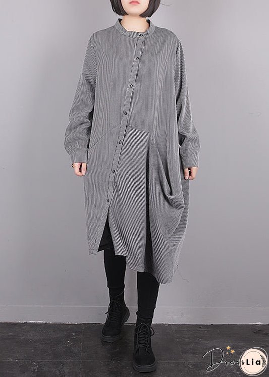 Plus Size Grey O-Neck Asymmetrical Striped Button Maxi Dress Fall