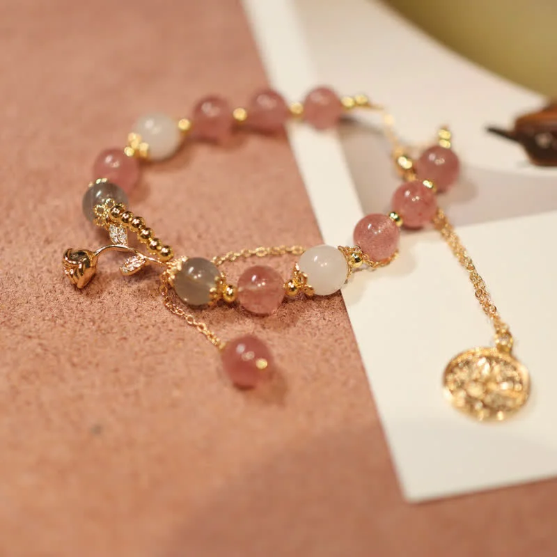 925 Sterling Silver Strawberry Quartz Year of the Rabbit Hetian Jade Moonstone Healing Bracelet