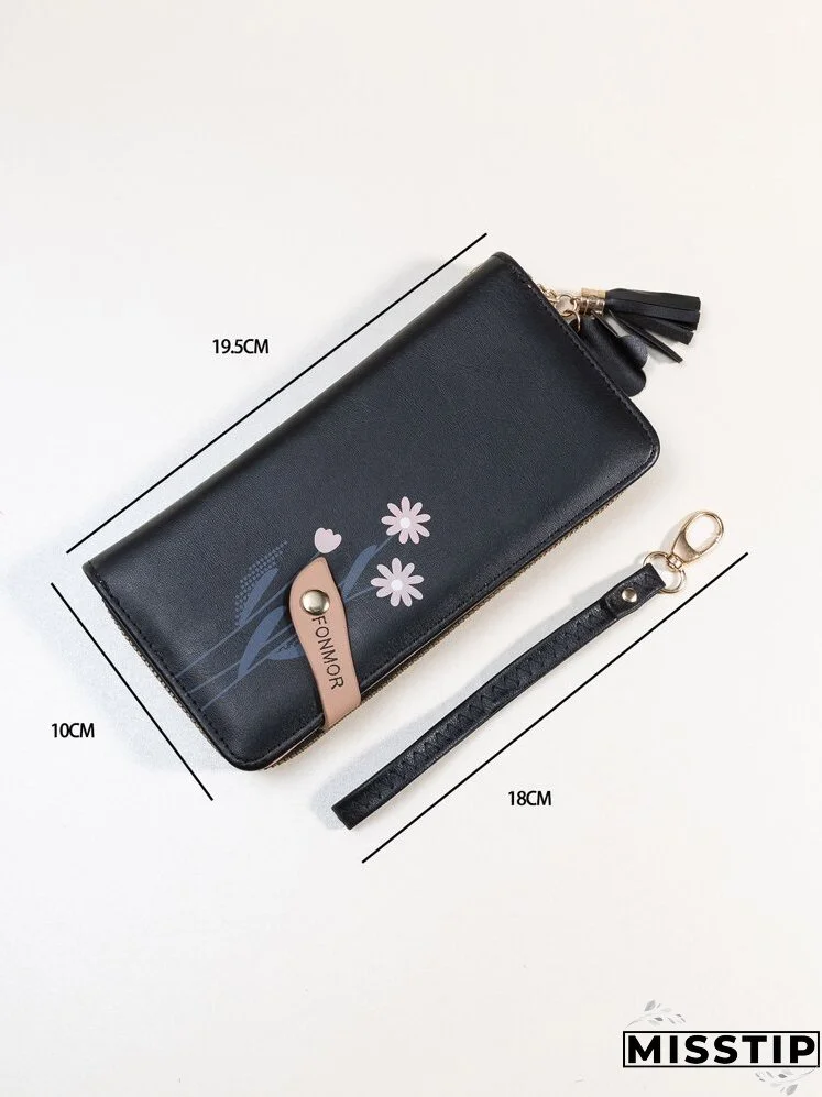 Floral Print Tassel Decor Long Wallet With Wristlet