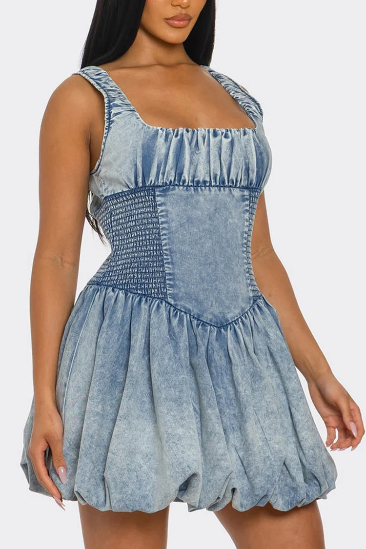 Plus Size Daily Blue Square Neck Bubble Milkmaid Smocking Denim Mini Dresses [Pre-Order]