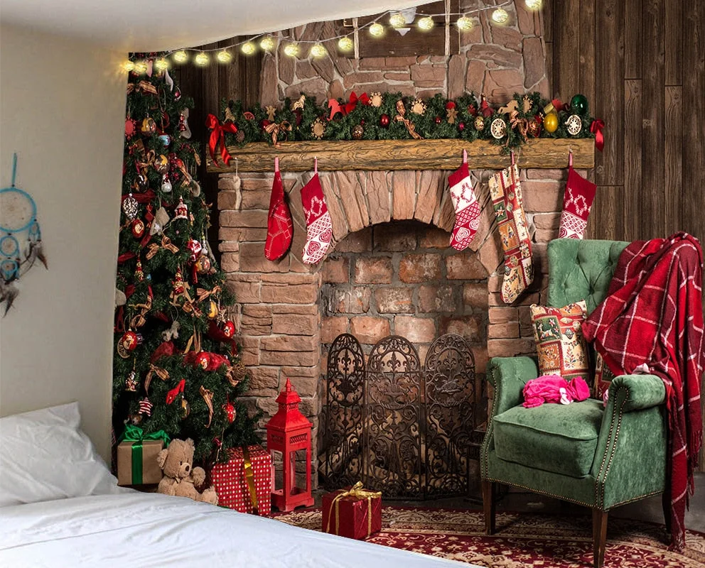 Christmas Green Tree Tapestry Home Wall Hanging Cloth Festival Elk Background Cloth Xmas Home Decoration Bedspread Wall Carpet