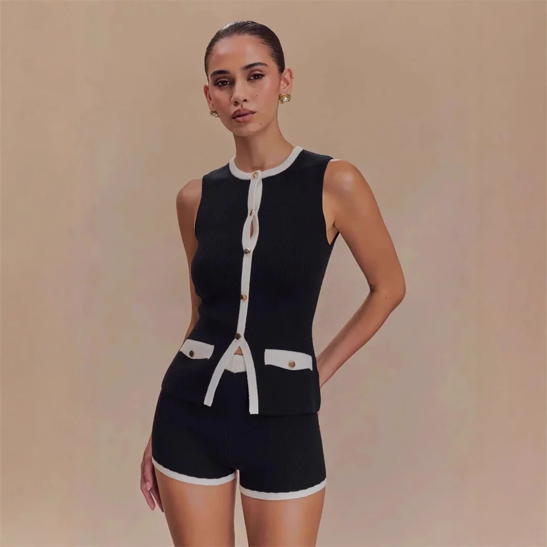 Uveng Uveng Scented Elegant Knitted Top Button French Sleeveless Sleeveless Shirt Vest 2025 Summer Burst Top