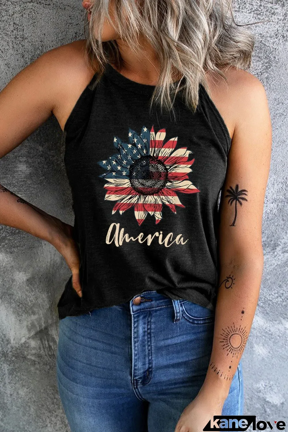 Black America Stars and Stripes Sunflower Tank Top
