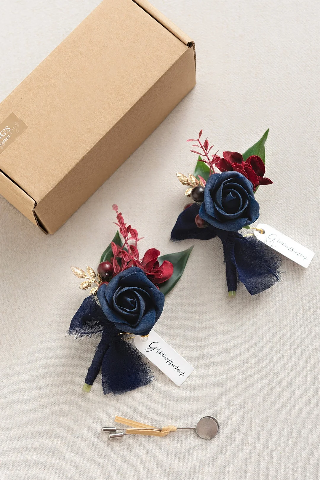 Boutonnieres in Burgundy & Navy