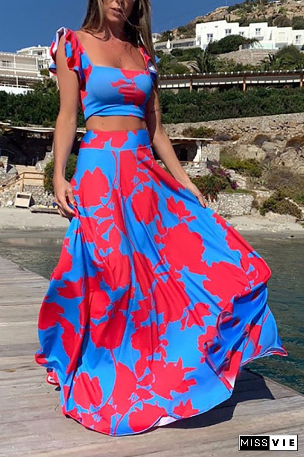 Bohemian Printed Ruffle Two Piece Sets