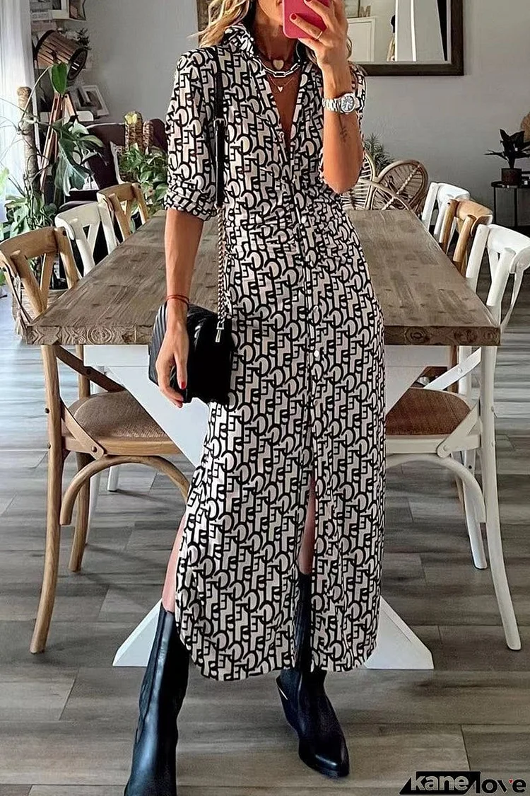 Street Print Buckle Printing Turndown Collar Printed Dress Dresses