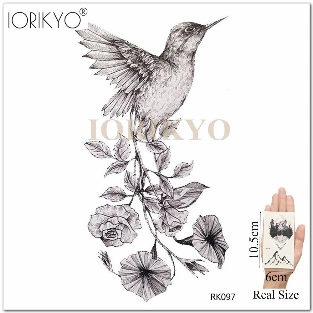New Black Hummingbird Temporary Tattoo Stickers Women Arm Pencil Sketch Waterproof Tatoos Girls Forearm Birds Fake Tattoo Flower