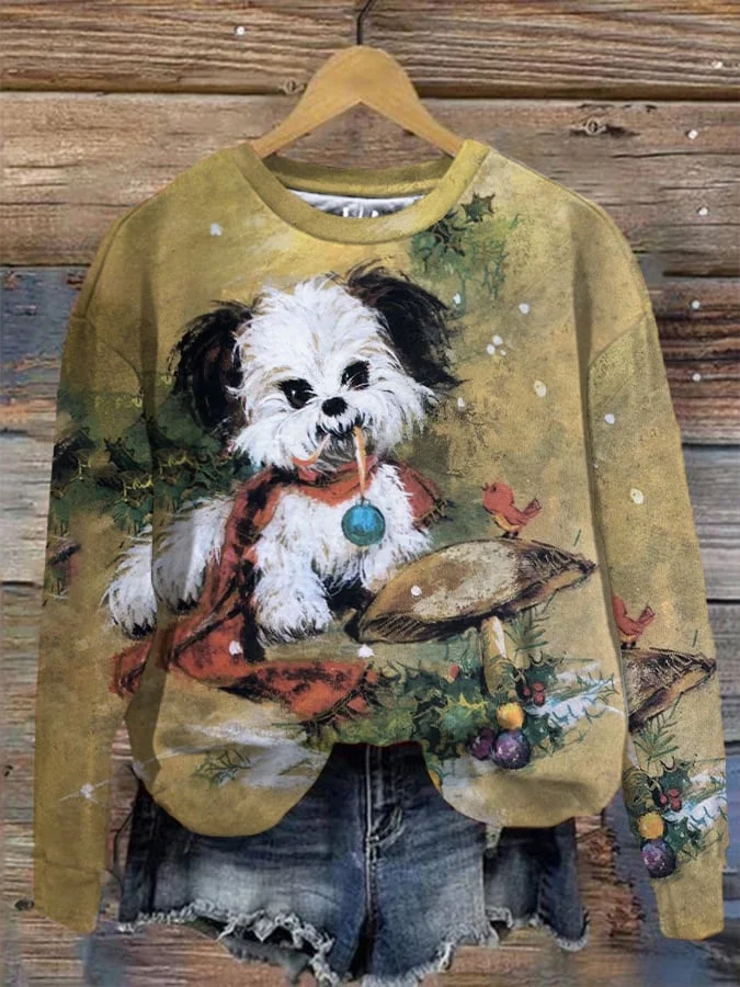 Women's Vintage Christmas Dog Print Sweatshirt.