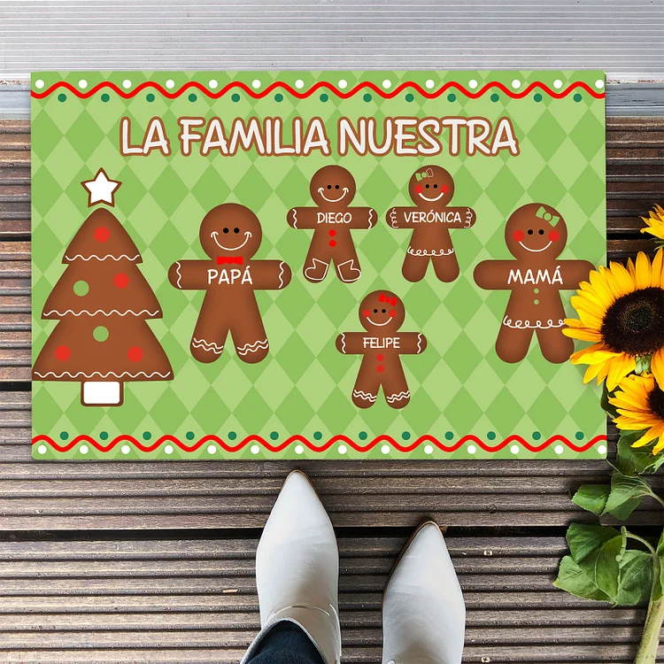 Navidad-felpudo/alfombra de entrada familia de hombres de jengibre personalizado con 5 nombres