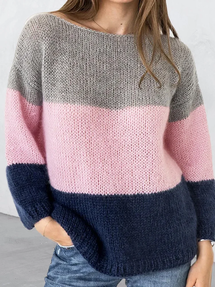 Casual Color Block Mohair Crew Neck Long Sleeve Sweater