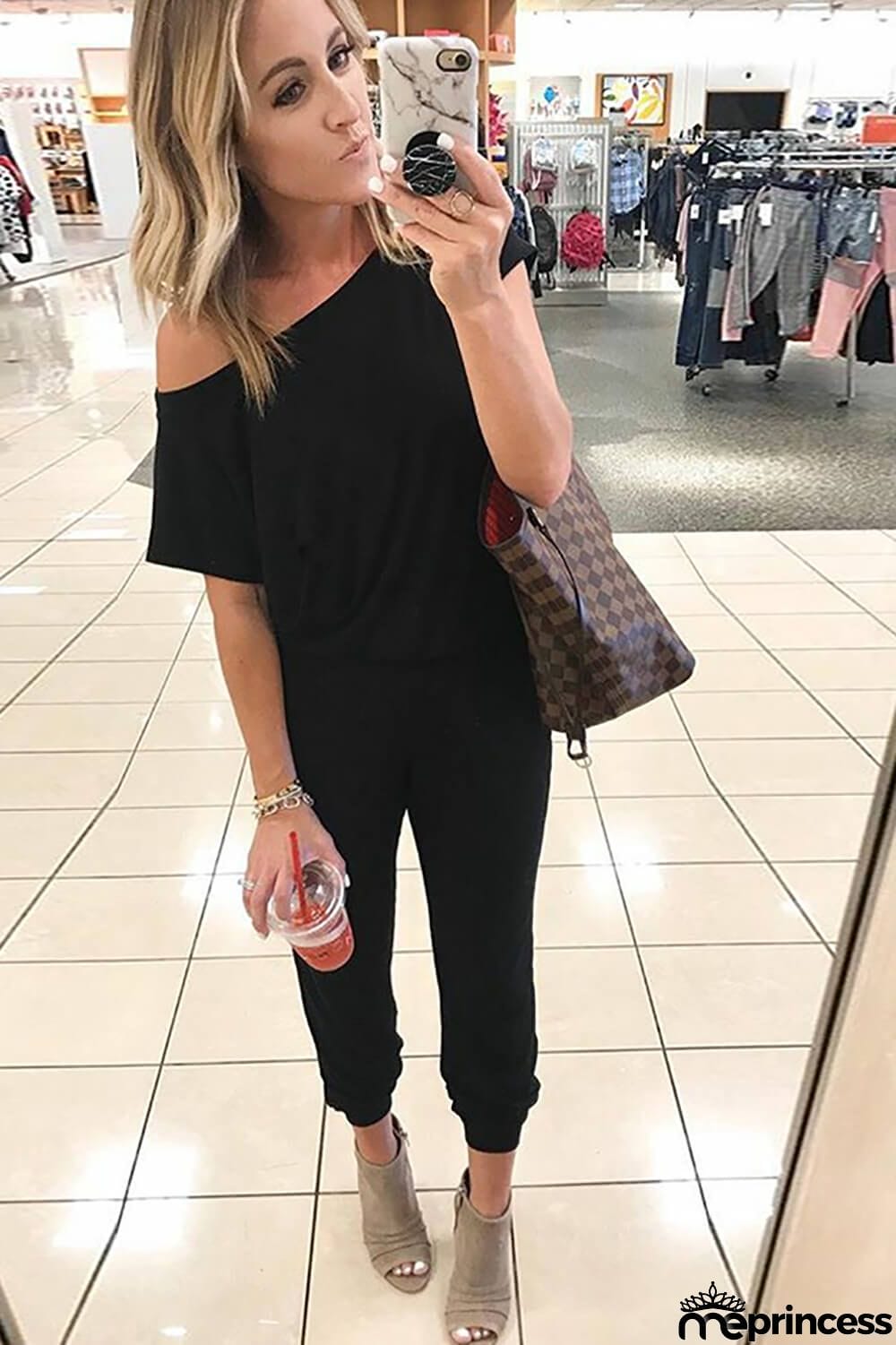 Women's Loose Fit Off Shoulder Jumpsuit Rompers with Pockets